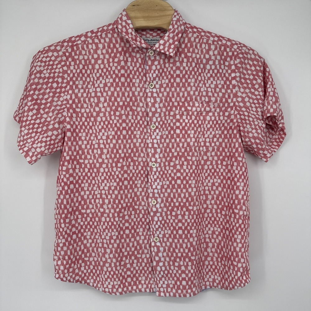Tommy Bahama Coconut Point Island Zone Tencel CoolMax Shirt Mens Large Pink AOP